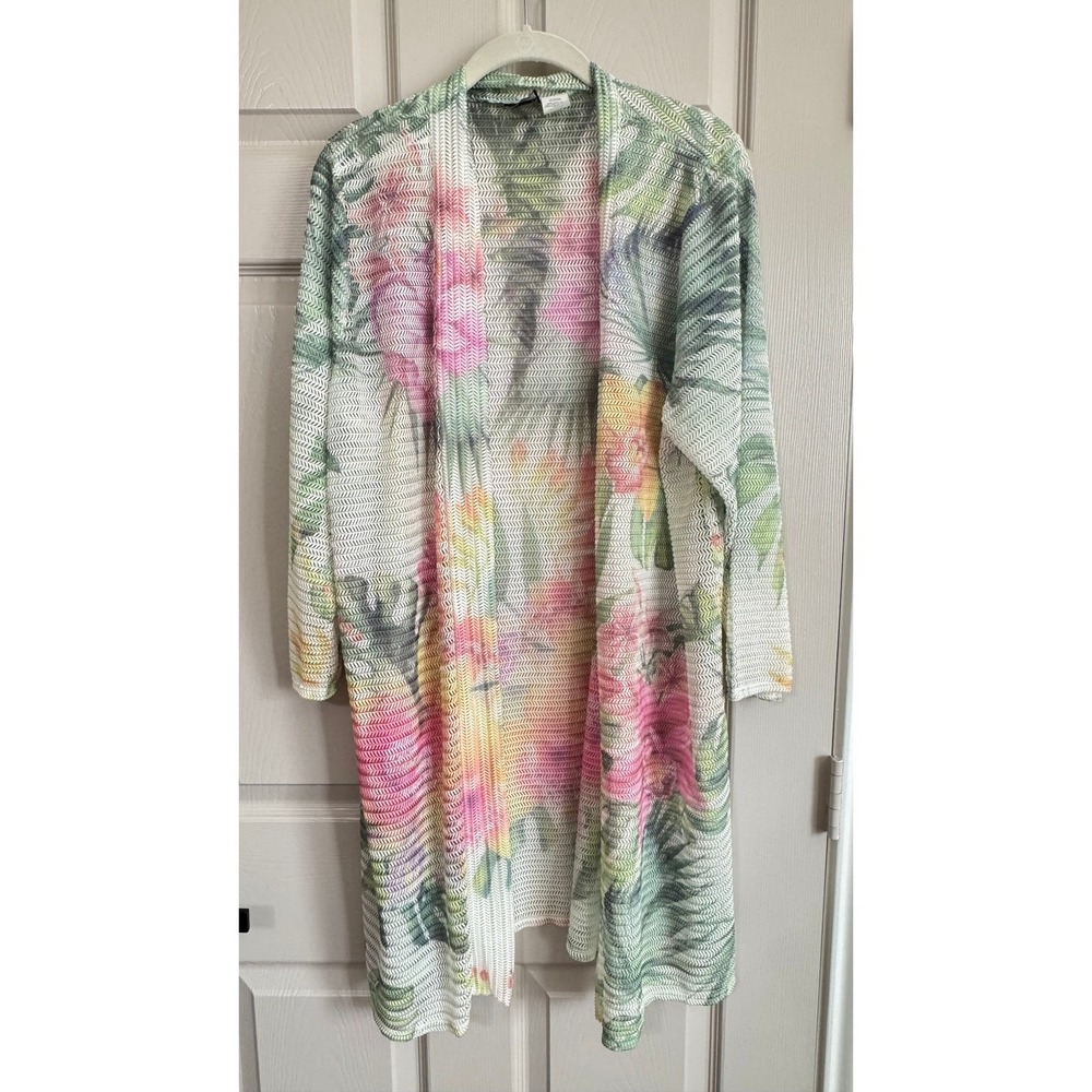 Calstyle Womens XL Tropical Floral Duster Cardigan Open Front Pointelle Knit USA